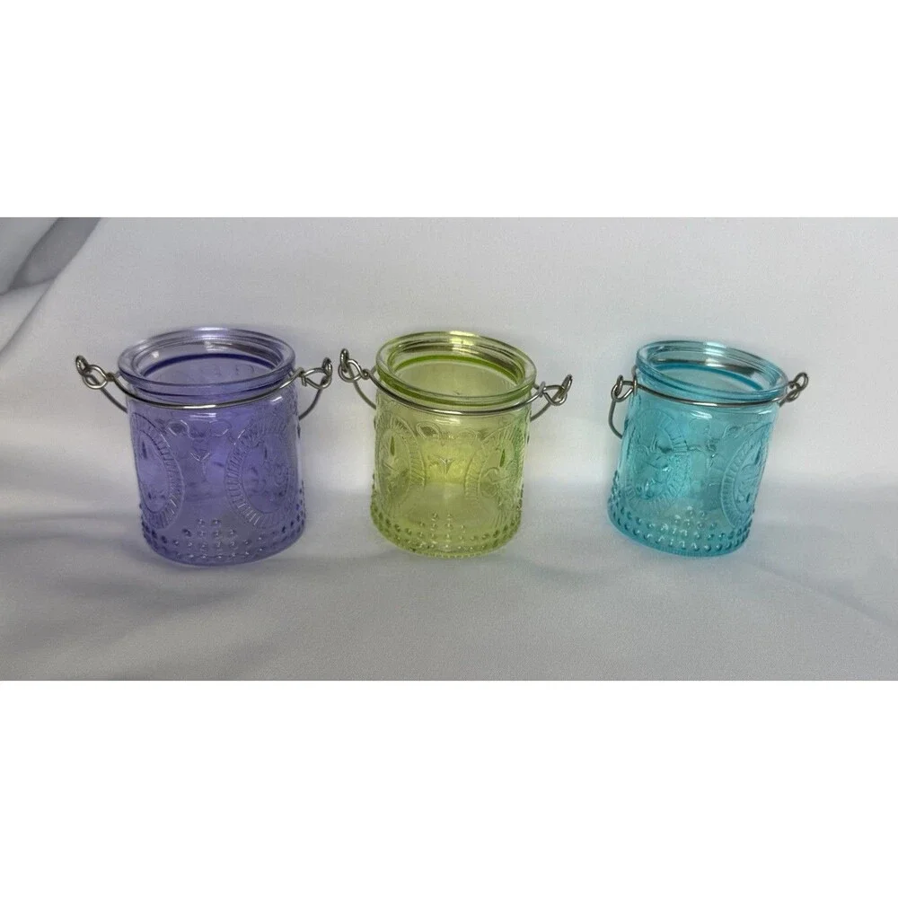 Yankee Candle French Glass 3 Piece Tea light Votive Holders Purple Blue Green